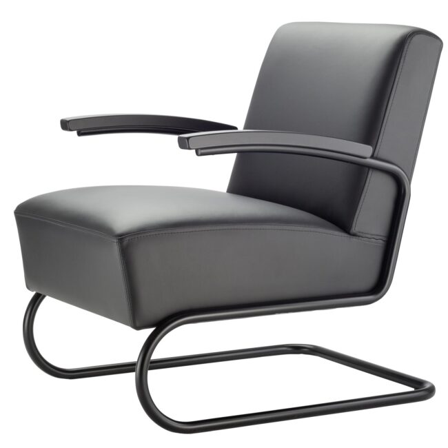 Thonet S411 Lounge Chair Zwart Leer Zwart Frame Freischwinger Projectmeubilair