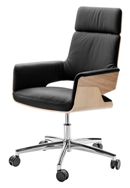 Thonet S845 Vergaderstoel Wielen Leer Hout Projectmeubilair Hoge Rug Zwartleder
