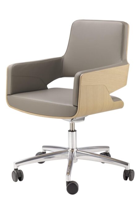 Thonet S845 Vergaderstoel Wielen Leer Hout Projectmeubilair Lage Rug Grijs Leder