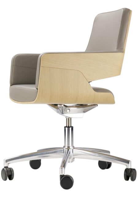 Thonet S845 Vergaderstoel Wielen Leer Hout Projectmeubilair Lage Rug Grijs Leder Zij